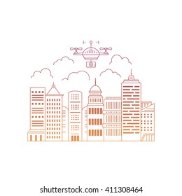 Aerial photography and videography illustration with drone flying above the city. Innovative technology illustration with drone.
