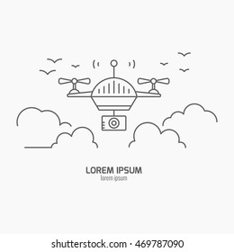 Aerial photography and videography symbol. Drone technology design - vector illustration of a drone in the sky. Modern vector line art collection.
