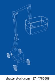 Aerial platform concept outline. Vector rendering of 3d. Wire-frame style. The layers of visible and invisible lines are separated