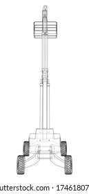 Esquema del concepto de la plataforma aérea. Representación vectorial de 3d. Estilo de marco de cables. Las capas de líneas visibles e invisibles están separadas
