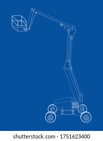Aerial platform concept outline. Vector rendering of 3d. Wire-frame style. The layers of visible and invisible lines are separated