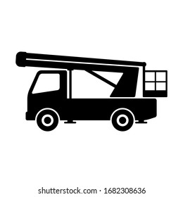 Aerial platform icon. A car for lifting people to a height. Black silhouette. Side view. Vector graphic illustration. Isolated object on a white background. Isolate.