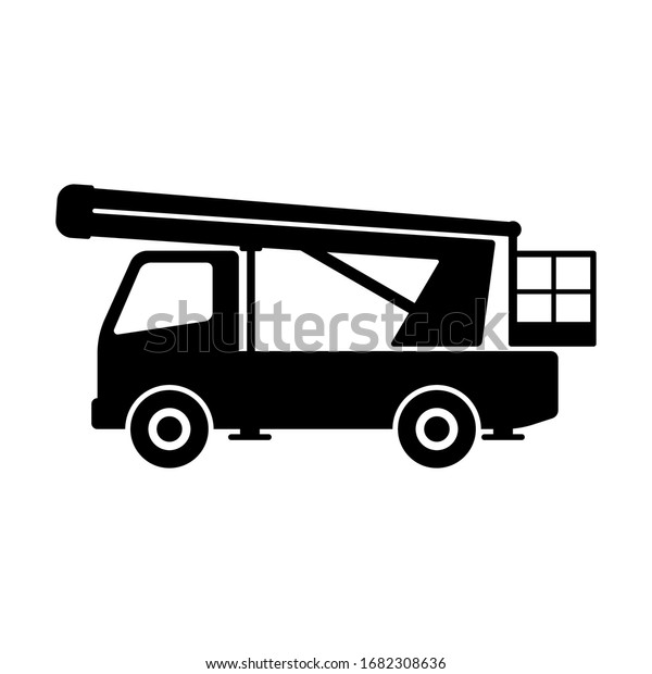 空中プラットフォームアイコン 人を高く持ち上げる車 黒いシルエット 側面図 ベクター画像イラスト 白い背景に分離型オブジェクト 選択表示 のベクター画像素材 ロイヤリティフリー