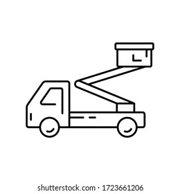 Aerial platform icon. Linear logo of truck with basket. Black simple illustration of construction special equipment. Contour isolated vector emblem on white background