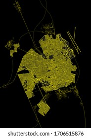 Aerial satelital satellite view of a city at night. Vector illustration. 