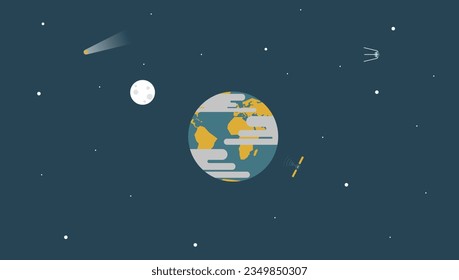 Aerial, satellital view of planet Earth floating in space with the moon, stars and artificial satellites around. Colorful flat style vector illustration.