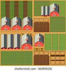 Aerial scene with barns and crops illustration