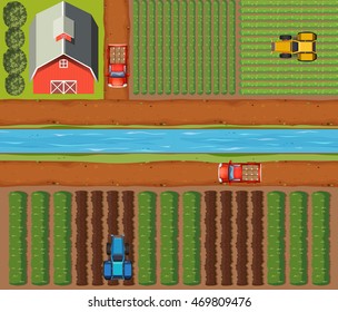 Aerial scene of farmlands with crops and barn illustration