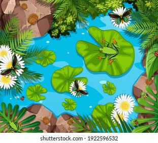 Aerial scene with frogs and lotus leaves in the pond illustration