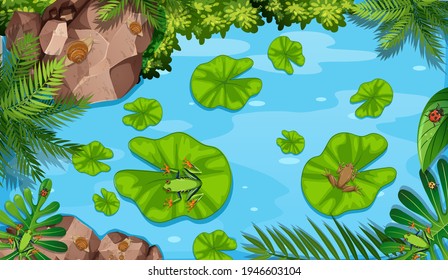 Aerial scene with frogs and lotus leaves in the pond illustration