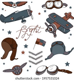 aerial set,retro biplane,wings,flag,propeller,helmet,chevron,lettering flight,blue-red colors,light gray background with small stars ,doodle