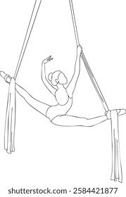 Aerial silks performer gracefully balances in a split pose, showcasing strength, flexibility, and elegance. This minimalist vector line art captures the essence of acrobatics, dance, and circus arts