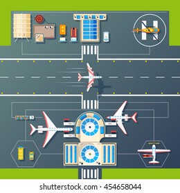 Aerial top view of airport runways landings strips buildings and facilities with planes and helicopter vector illustration 