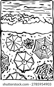 Aerial top view of beach crowd people under sun umbrellas illustration vector graphic element slice number 77