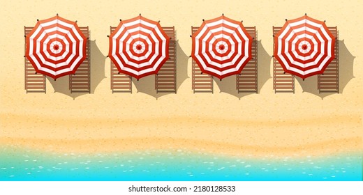 Aerial top view of the beach, red umbrellas, sunbeds, sand and ocean. vector illustration