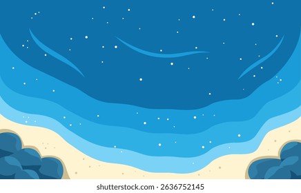 Aerial Top View of Blue Ocean Waves Gently Crashing and Rolling Onto a Peaceful Sandy Shoreline