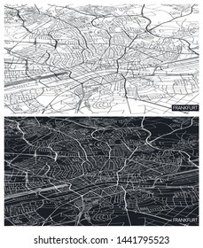 Aerial Top View City Map Frankfurt, Black And White Detailed Plan, Urban Grid In Perspective, Vector Illustration