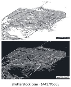 Aerial top view city map San Francisco, black and white detailed plan, urban grid in perspective, vector illustration