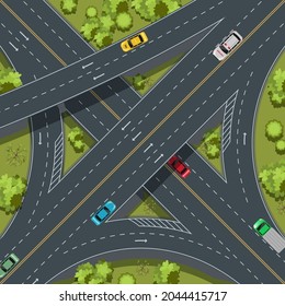 Aerial top view highway junction, cross roads, interchange and expressway is an important infrastructure, vector illustration