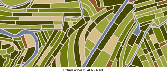 aerial top view Land with green fields sown in countryside in spring day Land with cultivated plants of rice fields.Vector background perfect for wallpaper or design elements	