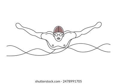 Aéreas Vista Superior Nadador Masculino Nadando en la Piscina, doodle línea continua arte Ilustración vectorial