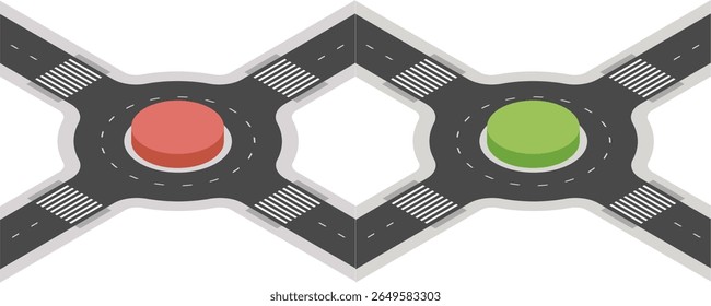 Aerial top view of roundabout. Traffic circle with four roads. Isolated design vector illustration on black, gray, red, green and white background.