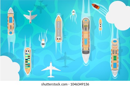 Aerial top view of the transportation in the ocean sea with many kind of boat ship-passenger cruise ship,cargo cruise ship,fuel ship,small speedboat.Also the airplane in the sky with some cloud