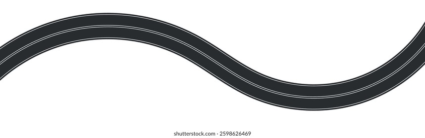Aerial top view of winding road, curved highway path with lane markings, race track or street map element, asphalt texture in cartoon style. Flat vector illustration isolated on white background.