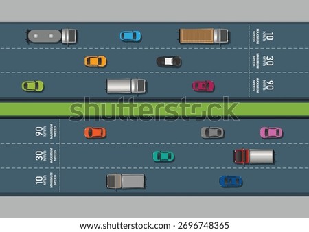 Aerial or top-down view of a road with a painted speed limit sign and moving vehicles. Flat vector illustration showing traffic on asphalt road, transportation concept, city infrastructure design.