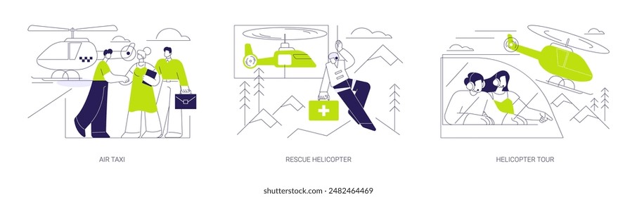 Conjunto de Ilustración vectorial de concepto abstracto de transporte Aéreas. Taxi aéreo, helicóptero de rescate, industria de la aviación, tour y excursión en helicóptero, transporte aéreo comercial metáfora abstracta.