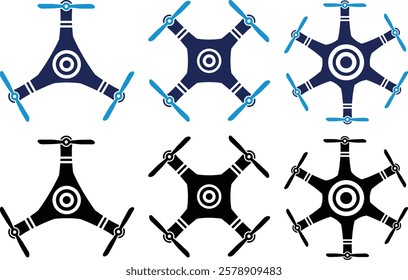 Aerial Tricopter, Quad copter, Hex copter flat icon set of Drone. Fast delivery, remote control, action camera, radar screen. Spy Camera Drone Modern Technology. Colorful Drone Icon set.