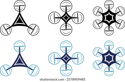 Aerial Tricopter, Quad copter, Hex copter flat icon set of Drone. Fast delivery, remote control, action camera, radar screen. Spy Camera Drone Modern Technology. Colorful Drone Icon set.