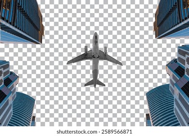 Aerial Urban Perspective with Airplane isolated on transparent background