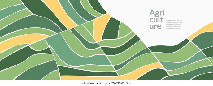 Aerial vector illustration of farmland with rice or cereal crops in green field. Abstract geometric patterns, modern agro design, environmental ecology. Rural countryside backdrop. Banner or wallpaper