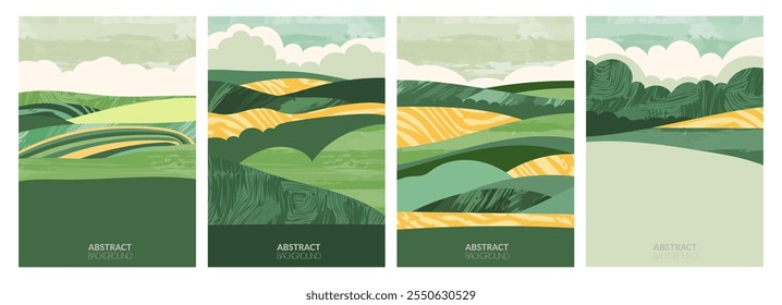 Aerial vector illustration of rural farm landscape -  green field, wheat, rice, tea plantation. Eco-friendly, organic countryside pattern, terrace, spring mountain. Agriculture poster template design