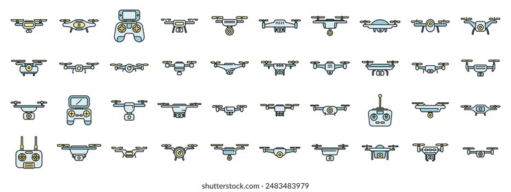 Aerial videography icons set outline vector. Drone camera. Aero filming thin line color flat on white