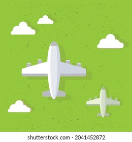 Aerial view of aircrats flying among clouds over green landscape vector illustration