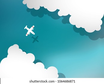 Aerial view of airplane between clouds. Summer vacation and holiday vector concept, traveling, recreation, tourism. Eps10 vector illustration.