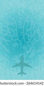 Vista aérea de um avião sobrevoando o mar tropical com formas abstratas de coral. Conceito mínimo de viagem de verão para anúncios de férias, blogs de viagem ou conteúdo de história móvel.