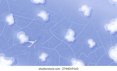Aerial View of Airplane Flying Over City with Clouds