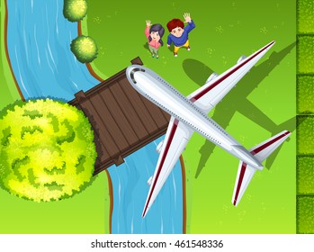 Aerial view of airplane flying over the park illustration