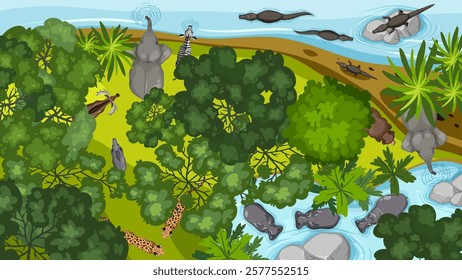 Aerial view of animals in a lush jungle