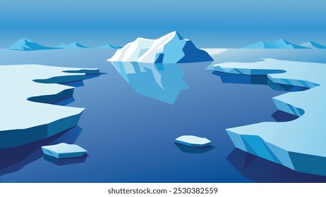 Aerial view of the Arctic Ocean showcasing floating icebergs and a blanket of snow covering the icy landscape flat vector illustration