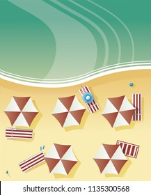 Aerial view of a beach with bathers, with deck chairs and umbrellas by the sea, ocean. Relax and summer holidays. Girl with hat sunbathing on a sunbed