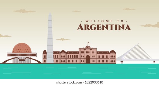 Aerial view of Buenos Aires city, Argentina and famous landmark. Beautiful panorama of El Obelisco, Puente de la Mujer, Planetario Galileo Galilei, Plaza de Mayo. Tourist travel destination