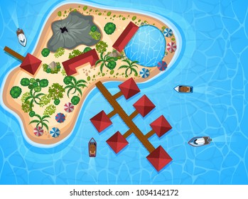 Aerial view with buildings on island illustration