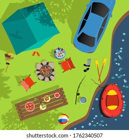 Aerial view of a camping sight near the water, including a tent, an inflatable boat, fire pit, picnic table, sport and recreational items and a parked car, EPS 8 vector illustration