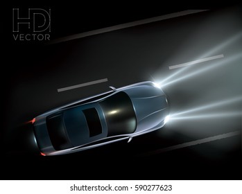 aerial view of car on the night road. High quality vector Illustration 