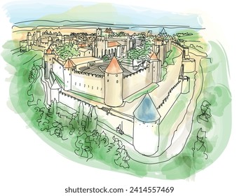 Aerial view of Carcassonne, a French fortified city in the department of Aude, in the region of Occitanie, in France, vector illustration, EnrouteFrance