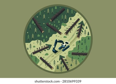 Aerial view of a construction excavator clearing fallen trees and creating a path through a dense pine forest landscape.